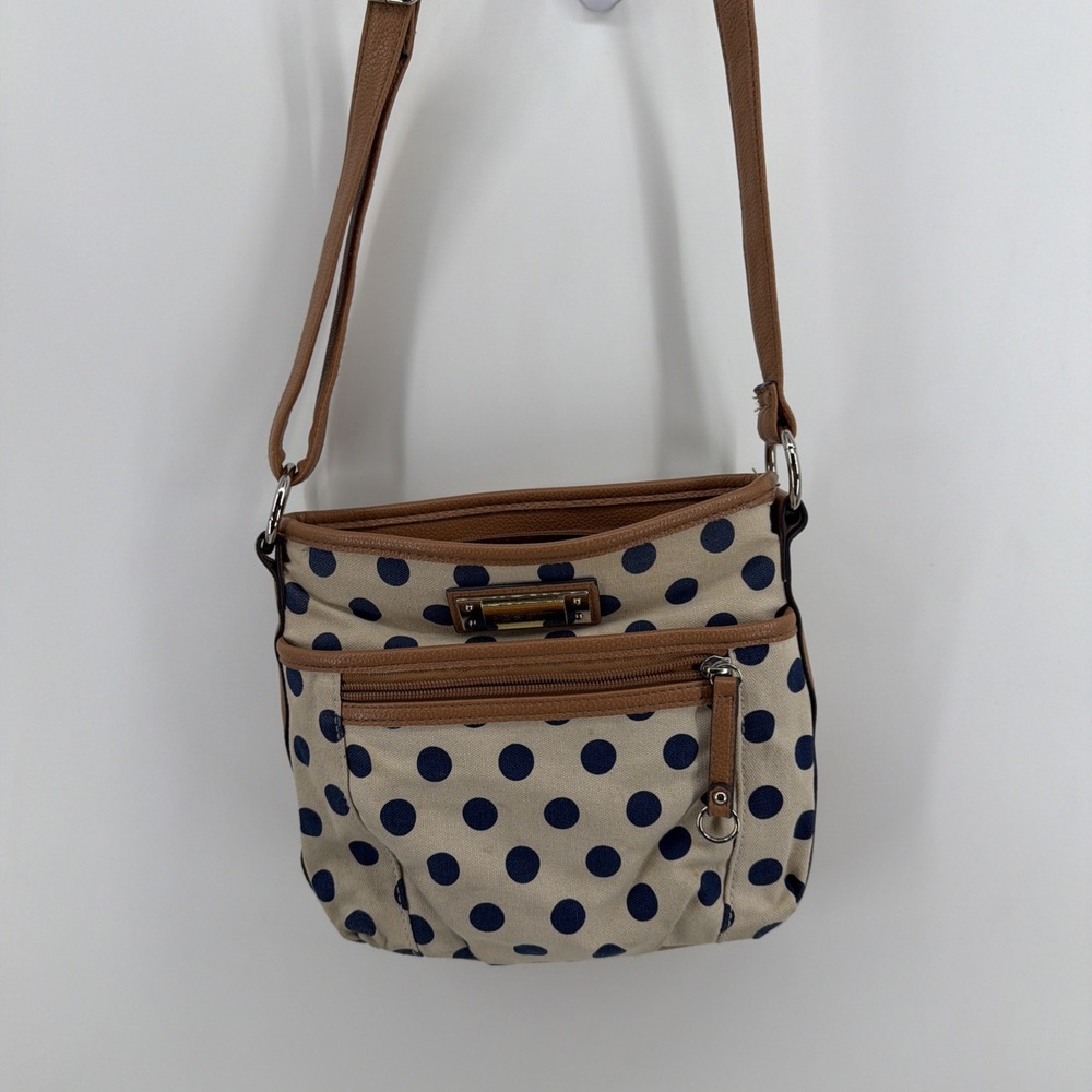 Rosetti Polka Dot Crossbody Bag Adjustable Strap Beige Blue Zipper Accent